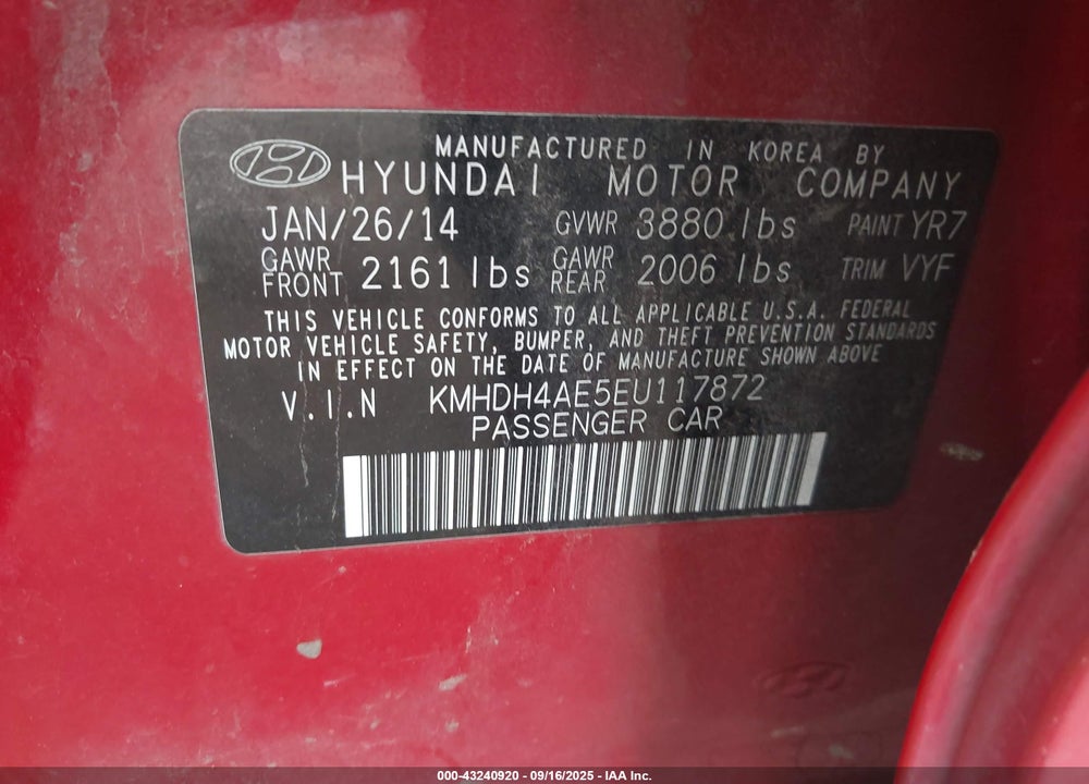 2014 HYUNDAI ELANTRA VIN: KMHDH4AE5EU117872