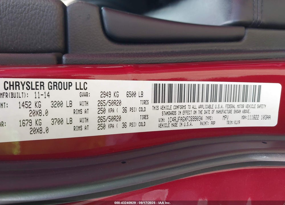 2015 JEEP GRAND CHEROKEE VIN: 1C4RJFAGXFC699034
