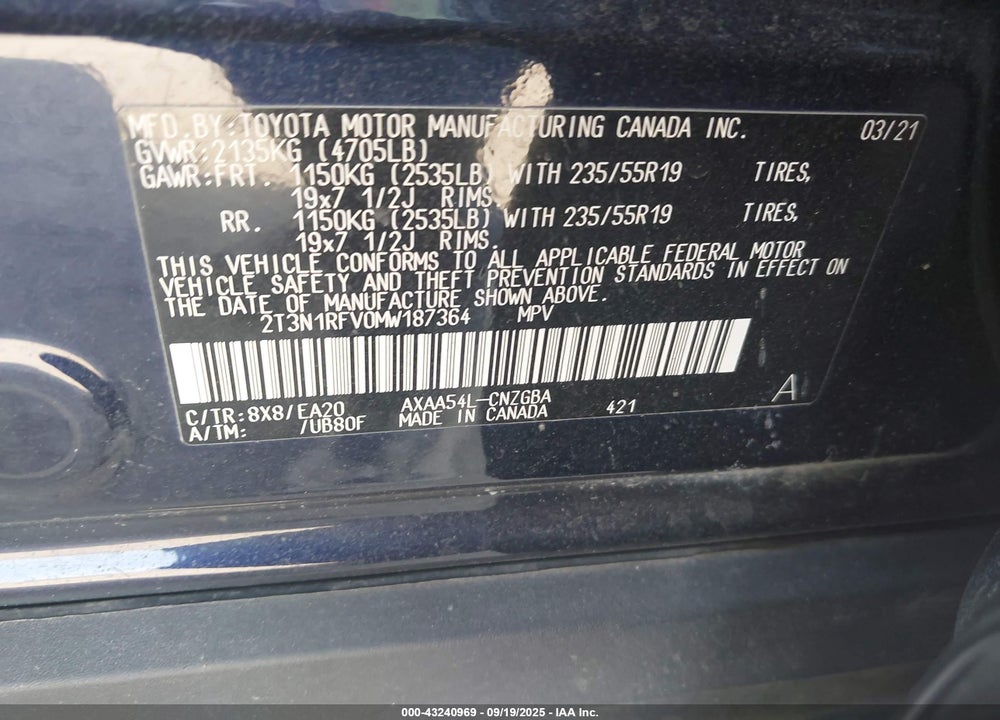 2021 TOYOTA RAV4 VIN: 2T3N1RFV0MW187364