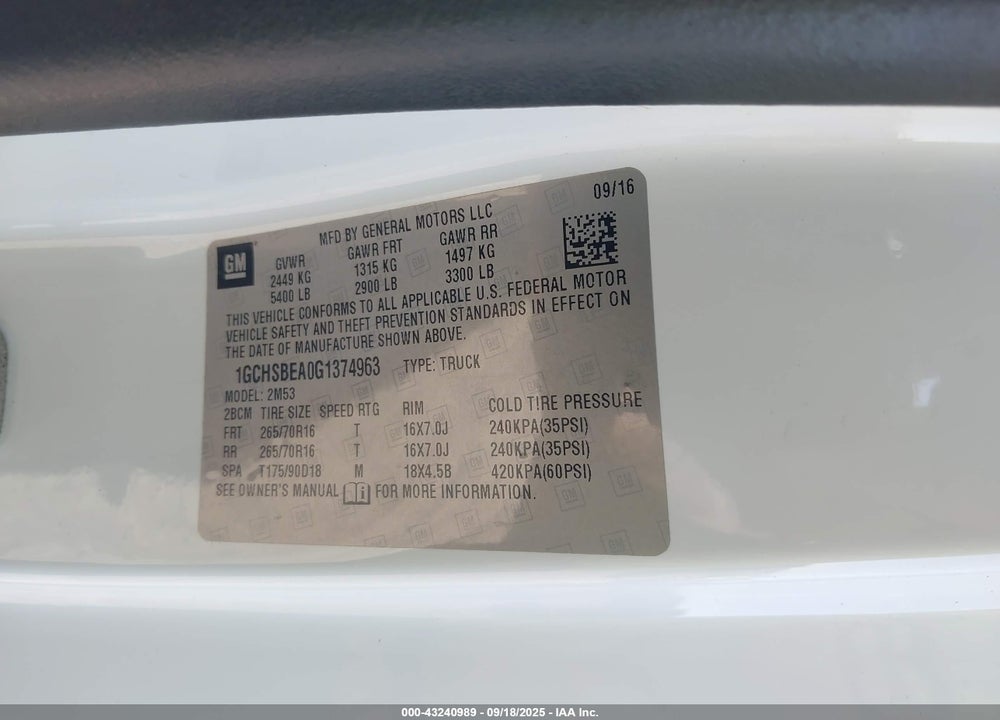 2016 CHEVROLET COLORADO VIN: 1GCHSBEA0G1374963