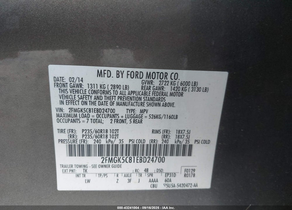 2014 FORD FLEX VIN: 2FMGK5C81EBD24700