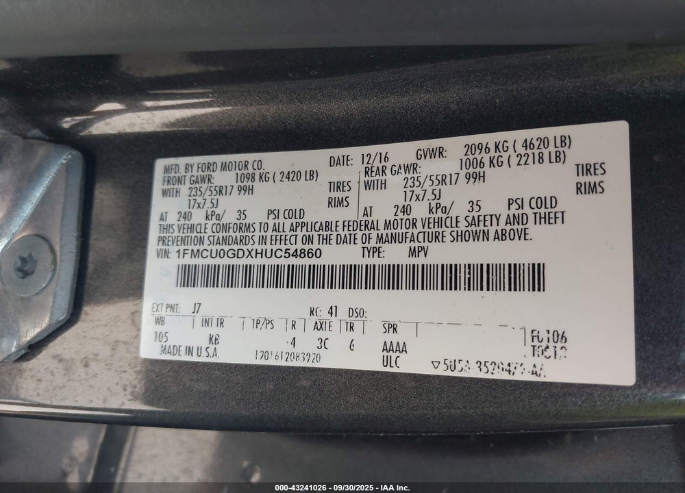 2017 FORD ESCAPE SE VIN: 1FMCU0GDXHUC54860