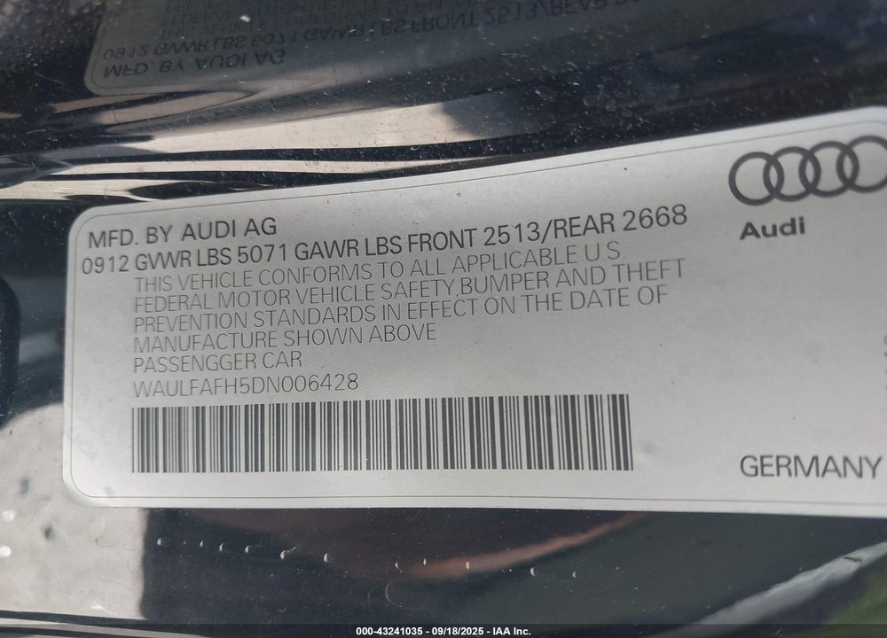 2013 AUDI A5 2.0T PREMIUM VIN: WAULFAFH5DN006428