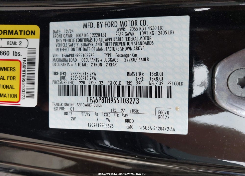2025 FORD MUSTANG VIN: 1FA6P8TH9S5103273