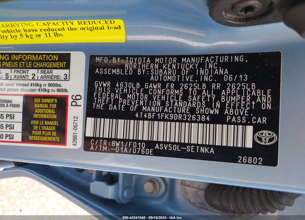 2013 TOYOTA CAMRY LE VIN: 4T4BF1FK9DR326384