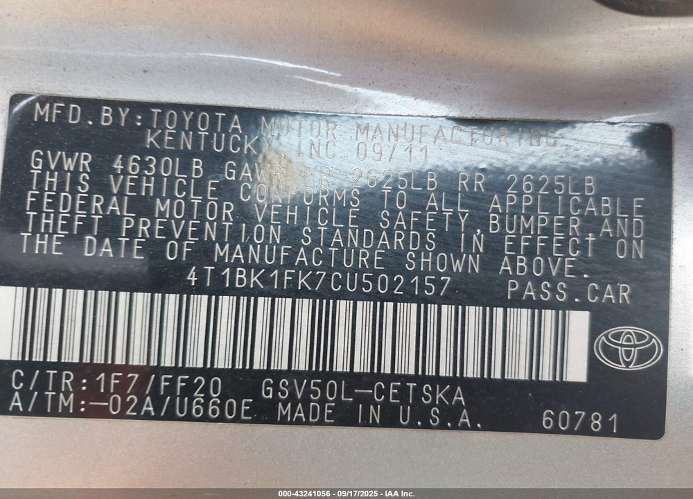 2012 TOYOTA CAMRY SE V6 VIN: 4T1BK1FK7CU502157