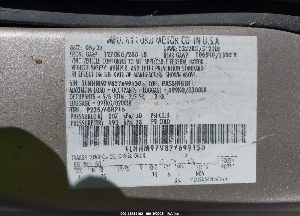 2002 LINCOLN CONTINENTAL VIN: 1LNHM97V82Y699150