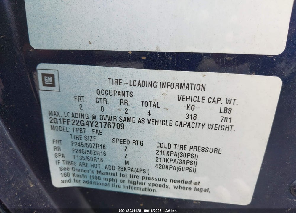 2000 CHEVROLET CAMARO Z28 VIN: 2G1FP22G4Y2176709