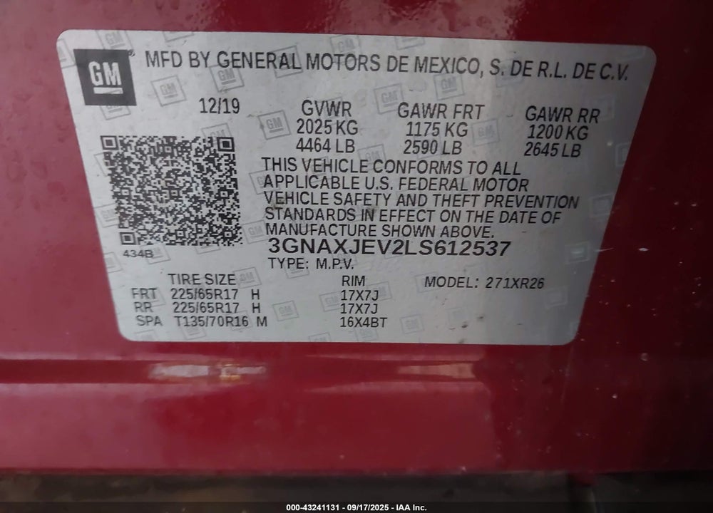 2020 CHEVROLET EQUINOX VIN: 3GNAXJEV2LS612537