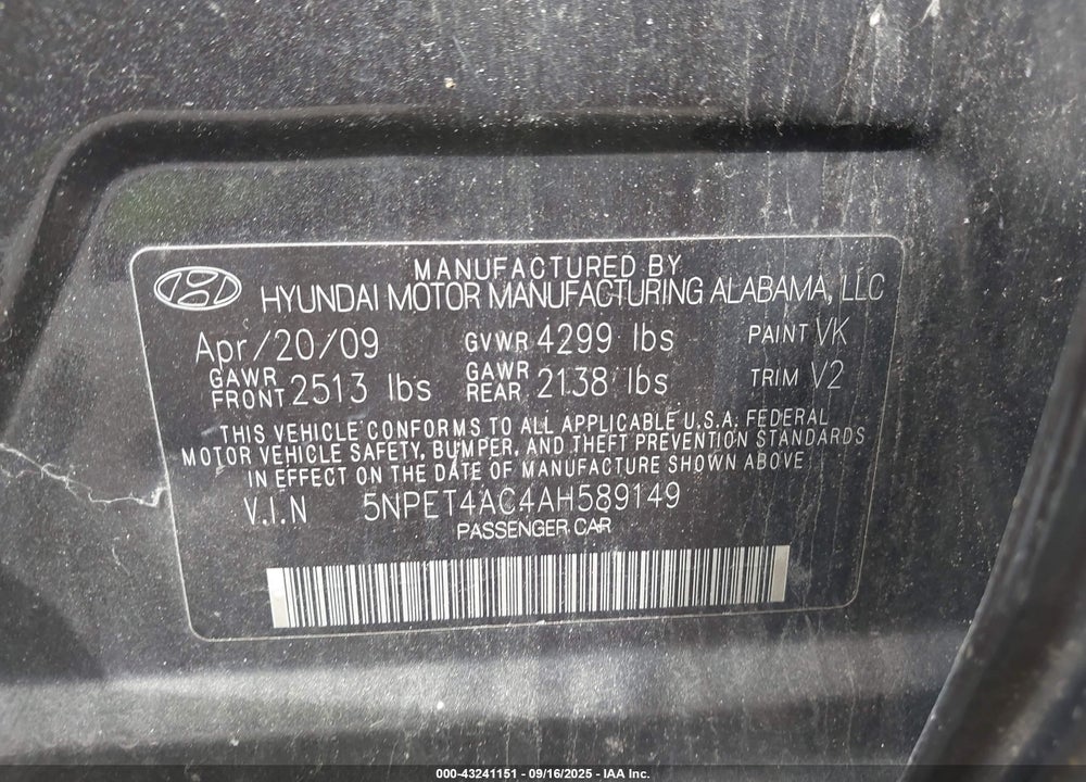 2010 HYUNDAI SONATA VIN: 5NPET4AC4AH589149