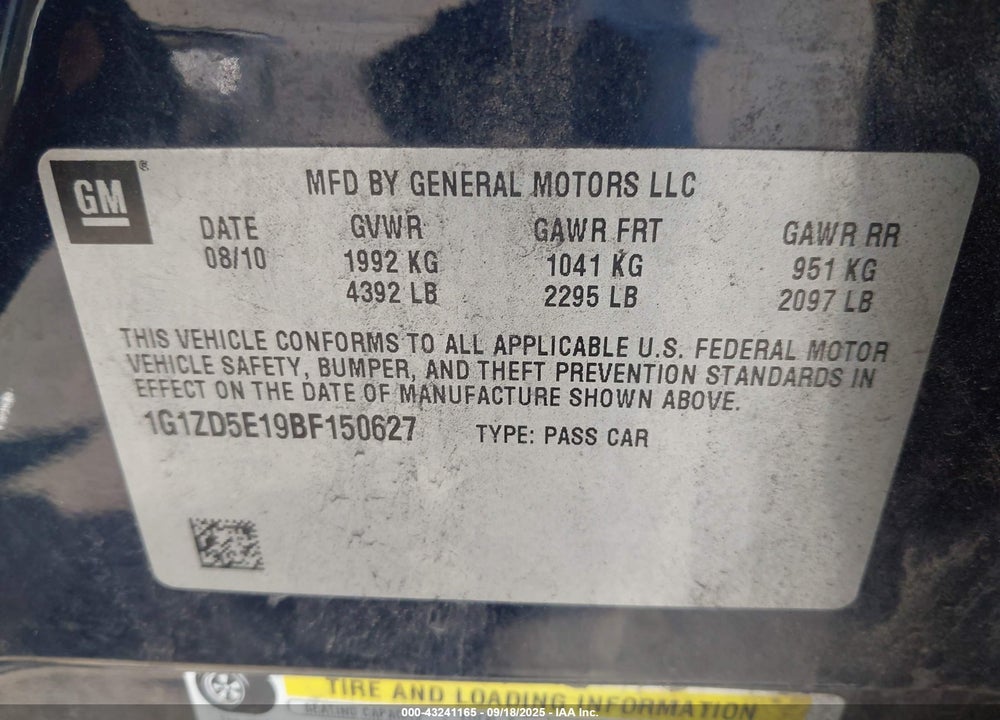 2011 CHEVROLET MALIBU VIN: 1G1ZD5E19BF150627