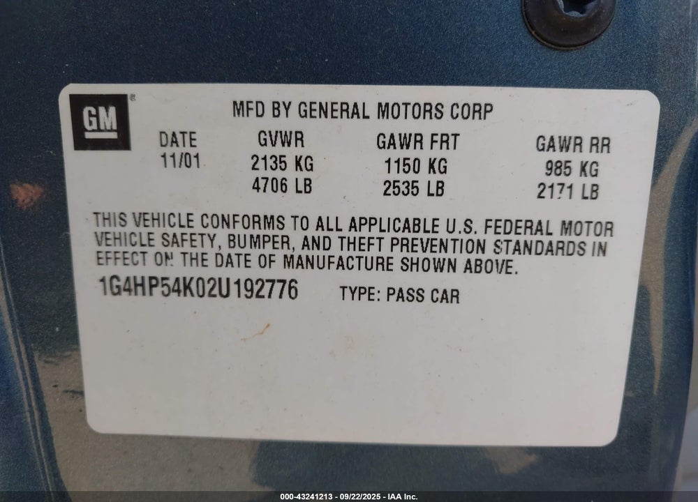 2002 BUICK LESABRE CUSTOM VIN: 1G4HP54K02U192776