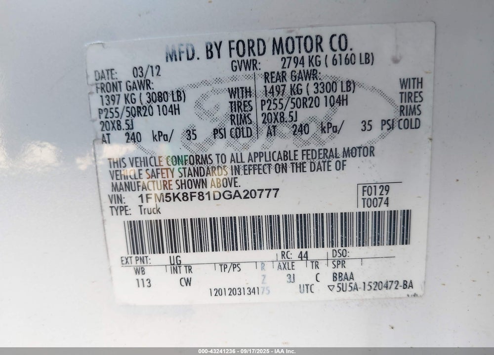 2013 FORD EXPLORER VIN: 1FM5K8F81DGA20777