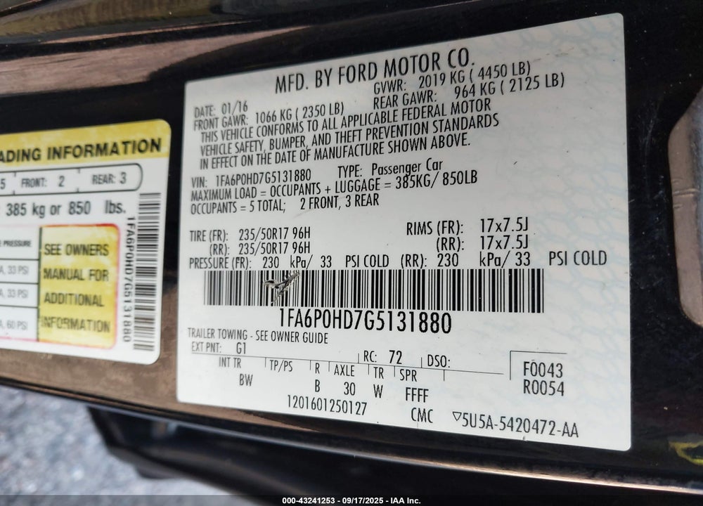 2016 FORD FUSION VIN: 1FA6P0HD7G5131880