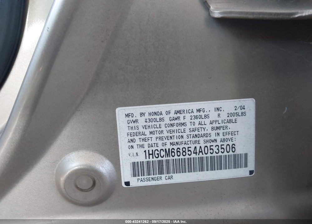 2004 HONDA ACCORD 3.0 EX VIN: 1HGCM66854A053506