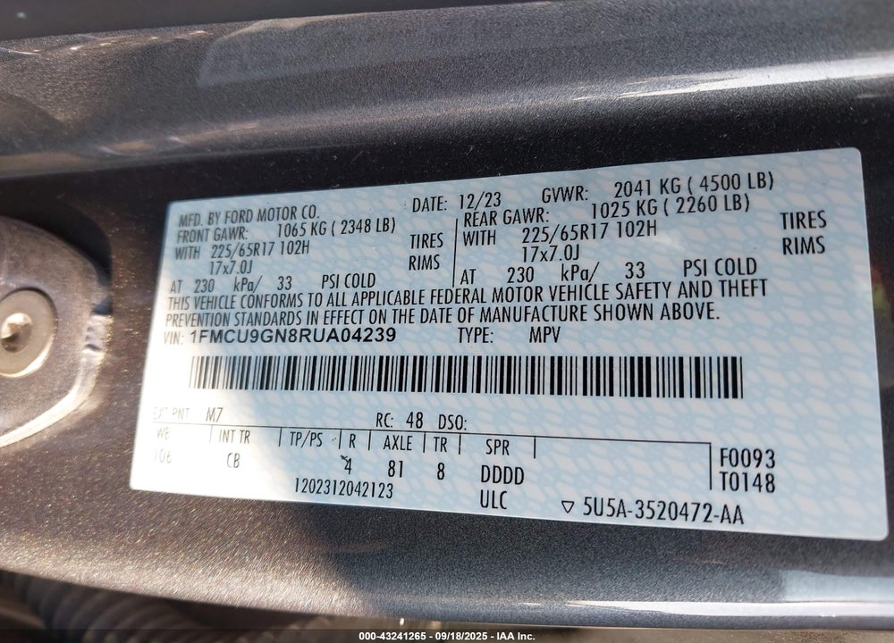 2024 FORD ESCAPE ACTIVE VIN: 1FMCU9GN8RUA04239