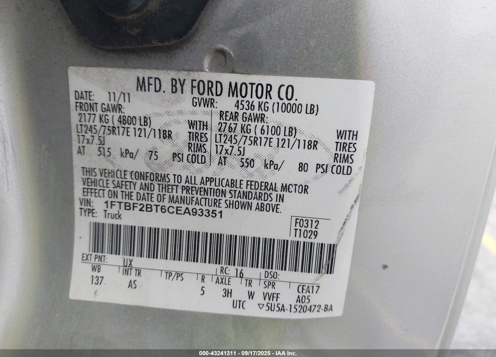 2012 FORD F-250 VIN: 1FTBF2BT6CEA93351