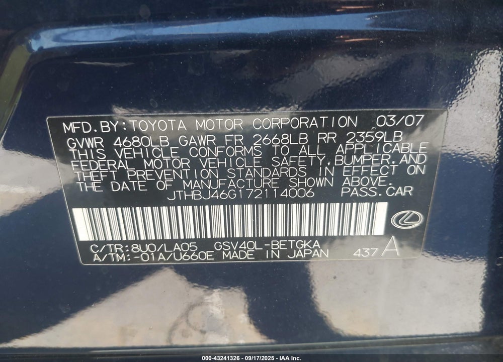 2007 LEXUS ES 350 VIN: JTHBJ46G172114006