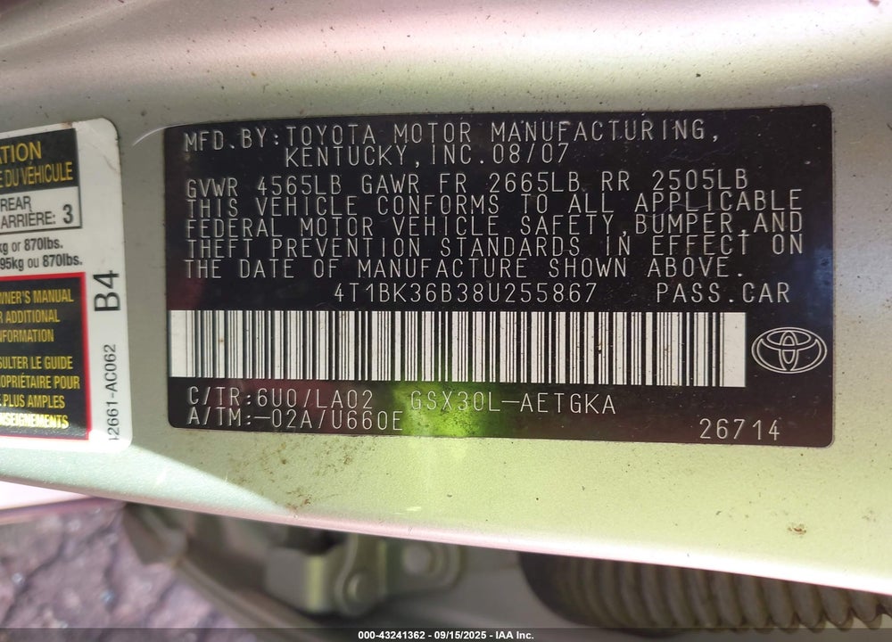 2008 TOYOTA AVALON VIN: 4T1BK36B38U255867