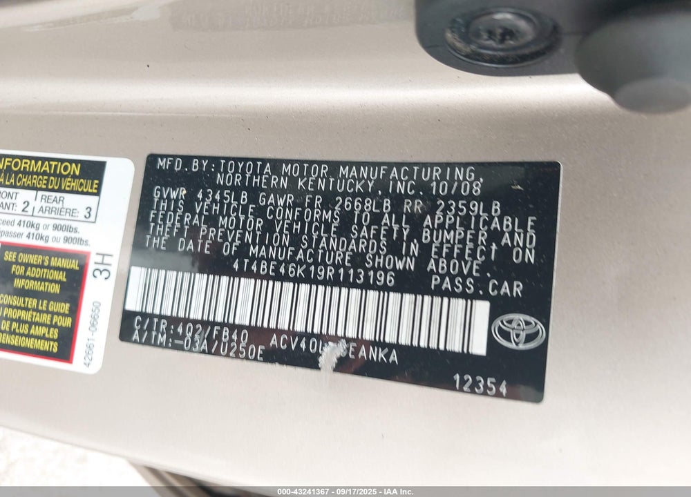 2009 TOYOTA CAMRY LE VIN: 4T4BE46K19R113196