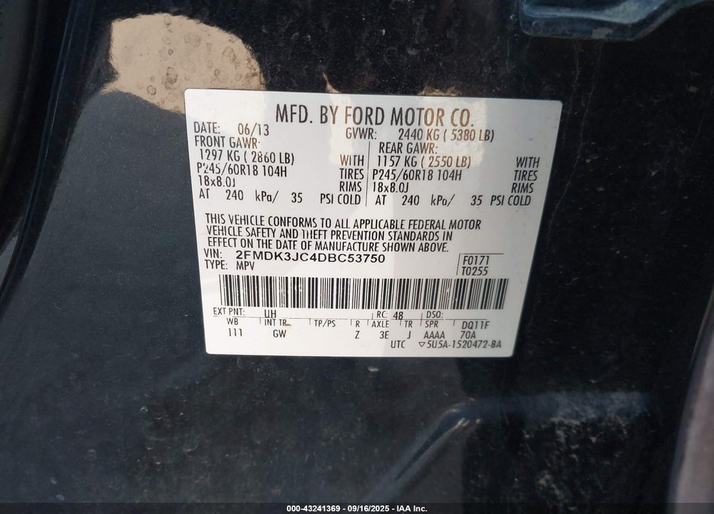 2013 FORD EDGE VIN: 2FMDK3JC4DBC53750