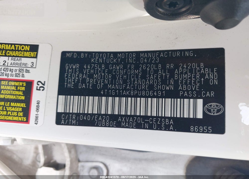 2023 TOYOTA CAMRY SE VIN: 4T1G11AK8PU806491