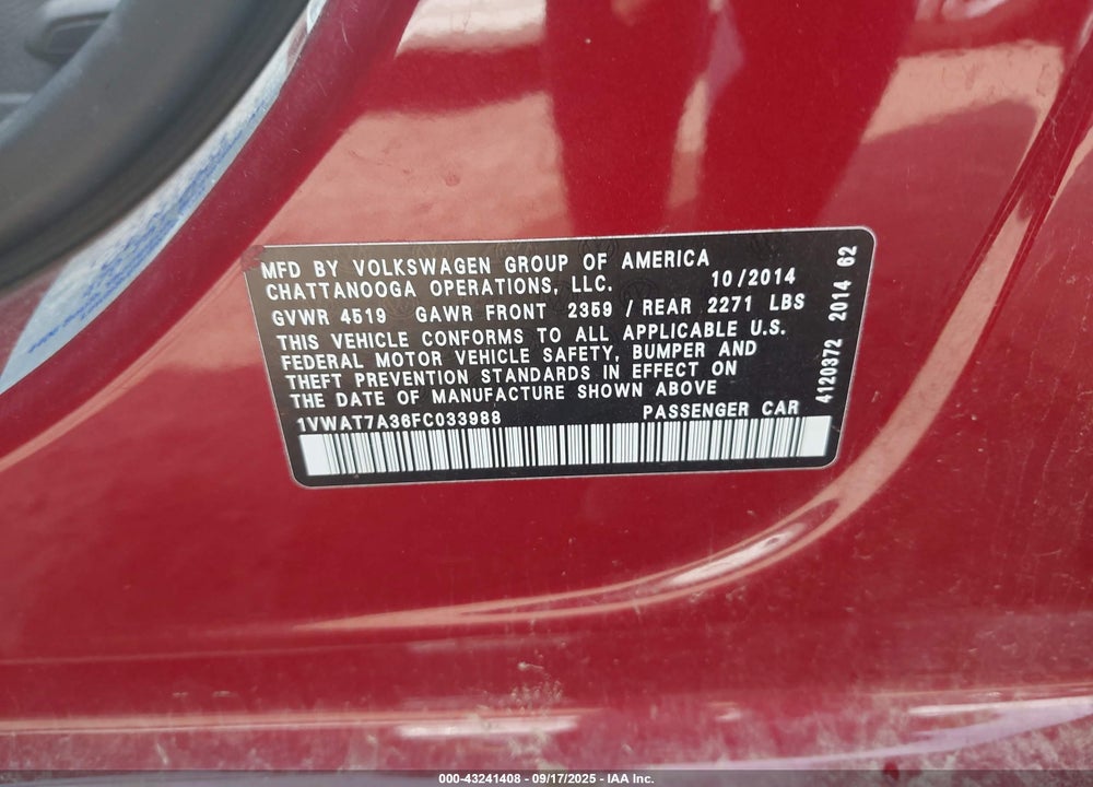 2015 VOLKSWAGEN PASSAT VIN: 1VWAT7A36FC033988