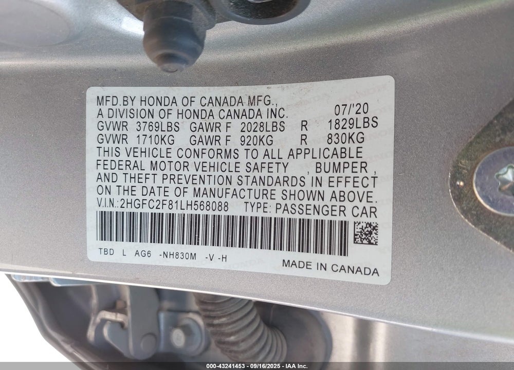 2020 HONDA CIVIC SPORT VIN: 2HGFC2F81LH568088