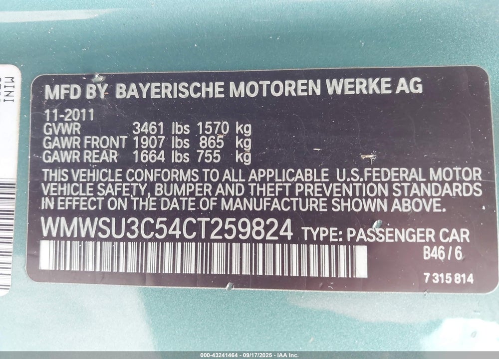 2012 MINI COOPER VIN: WMWSU3C54CT259824