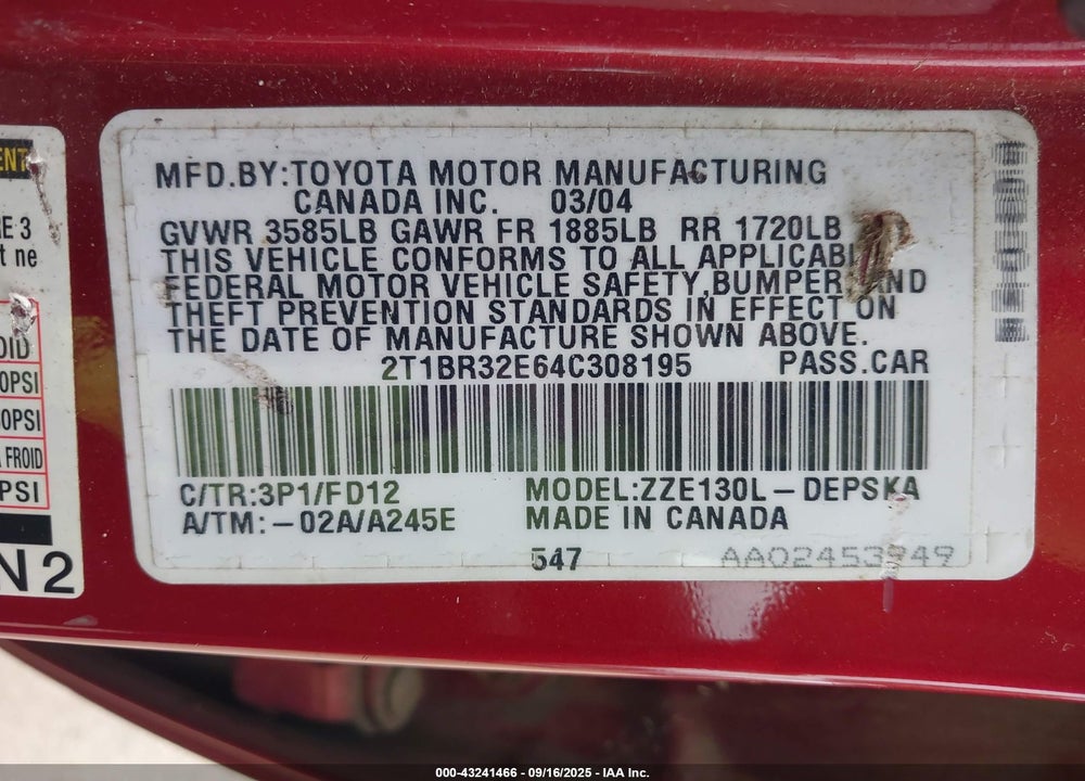 2004 TOYOTA COROLLA S VIN: 2T1BR32E64C308195