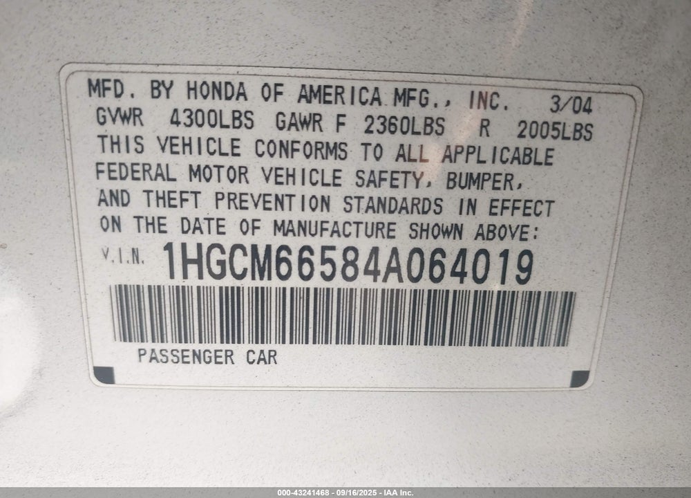 2004 HONDA ACCORD 3.0 EX VIN: 1HGCM66584A064019