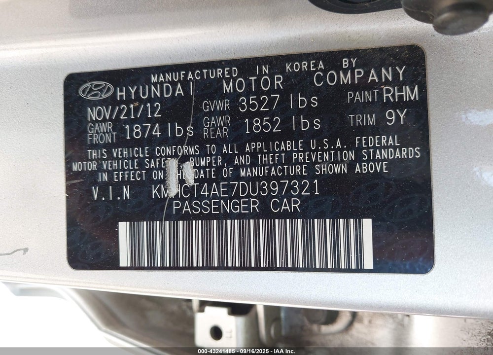 2013 HYUNDAI ACCENT VIN: KMHCT4AE7DU397321