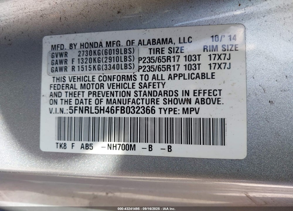 2015 HONDA ODYSSEY VIN: 5FNRL5H46FB032366