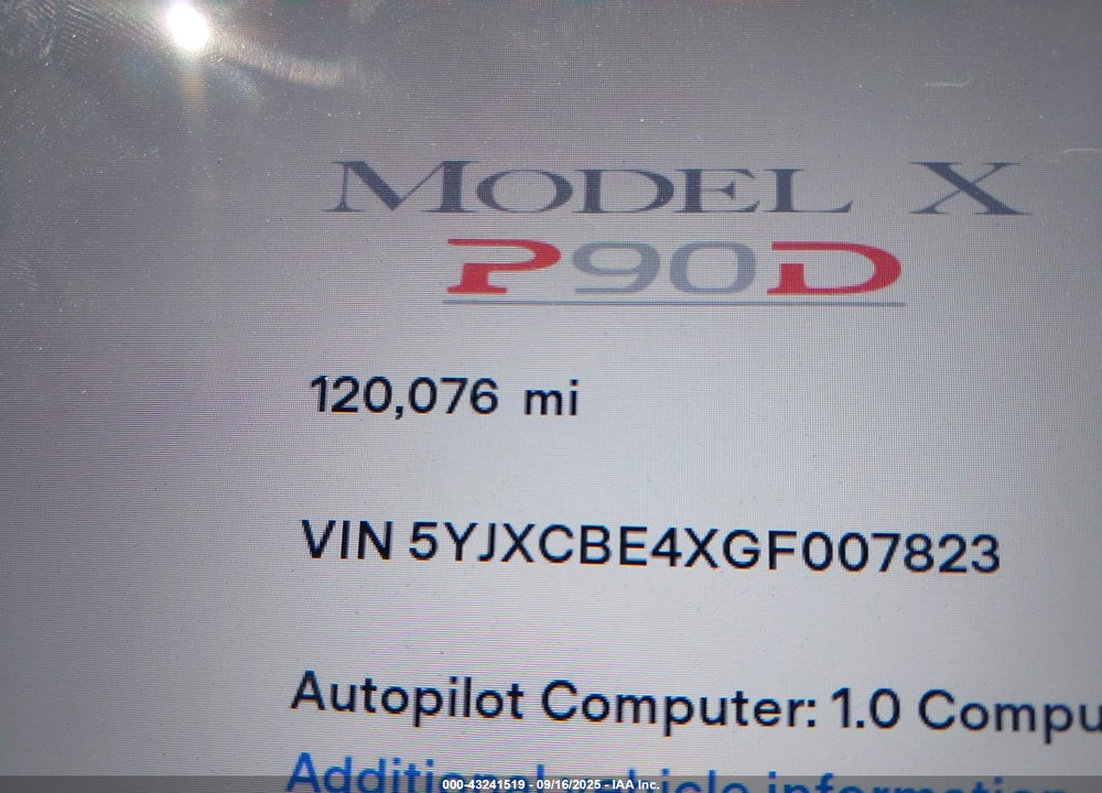 2016 TESLA MODEL X VIN: 5YJXCBE4XGF007823