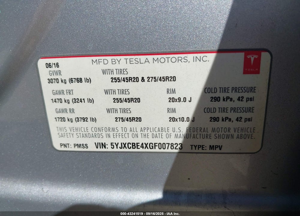 2016 TESLA MODEL X VIN: 5YJXCBE4XGF007823