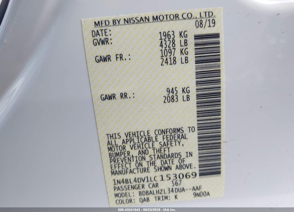 2020 NISSAN ALTIMA SV FWD VIN: 1N4BL4DV1LC153069