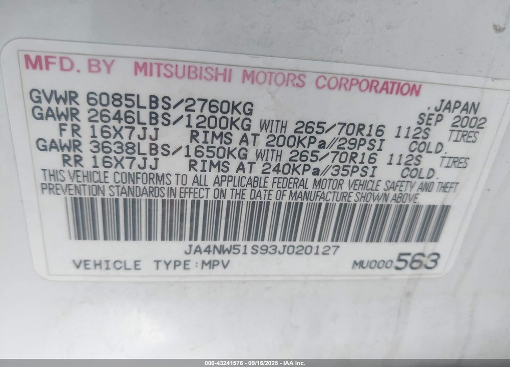 2003 MITSUBISHI MONTERO 20TH ANNIVERSARY/LIMITED VIN: JA4NW51S93J020127