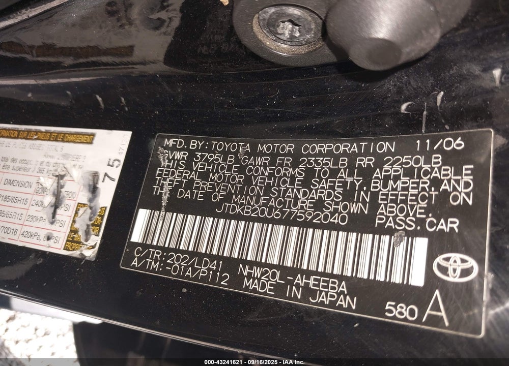 2007 TOYOTA PRIUS VIN: JTDKB20U677592040