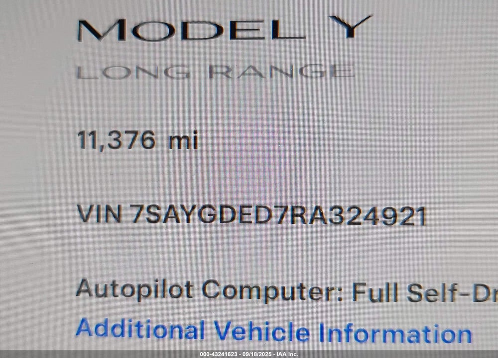 2024 TESLA MODEL Y LONG RANGE DUAL MOTOR ALL-WHEEL DRIVE/RWD VIN: 7SAYGDED7RA324921