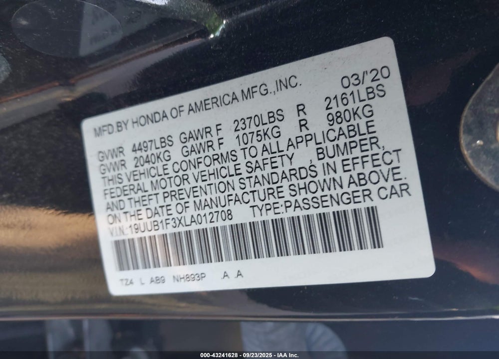 2020 ACURA TLX STANDARD VIN: 19UUB1F3XLA012708