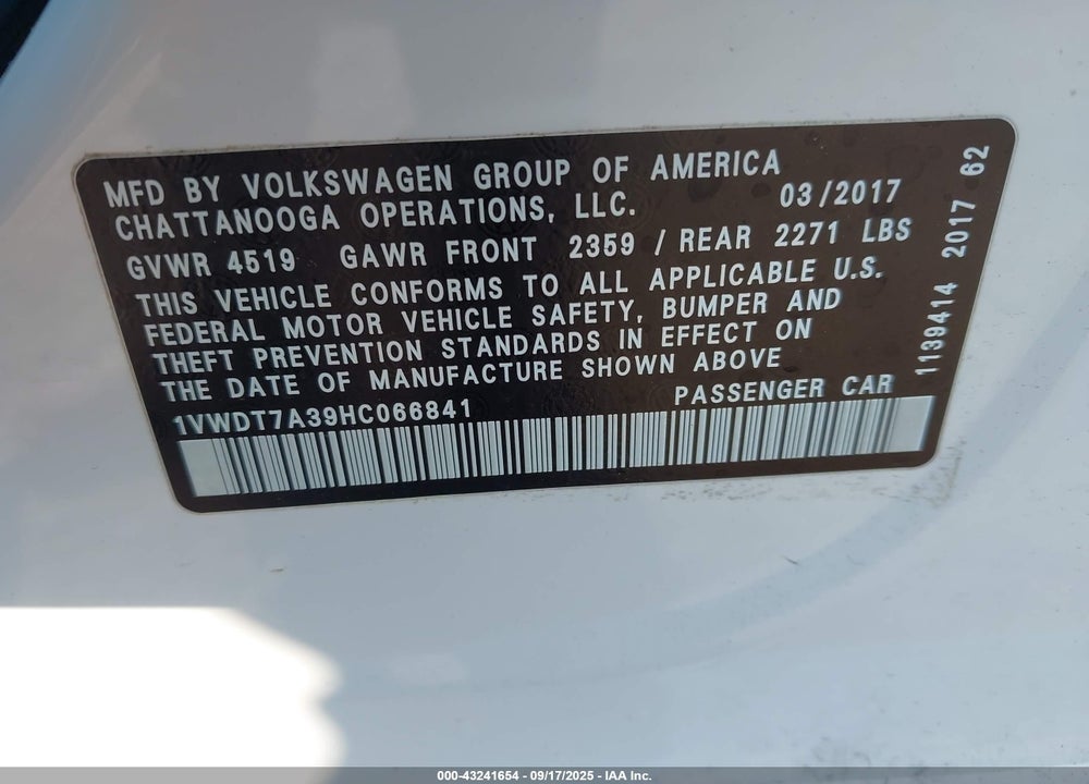 2017 VOLKSWAGEN PASSAT 1.8T R-LINE VIN: 1VWDT7A39HC066841