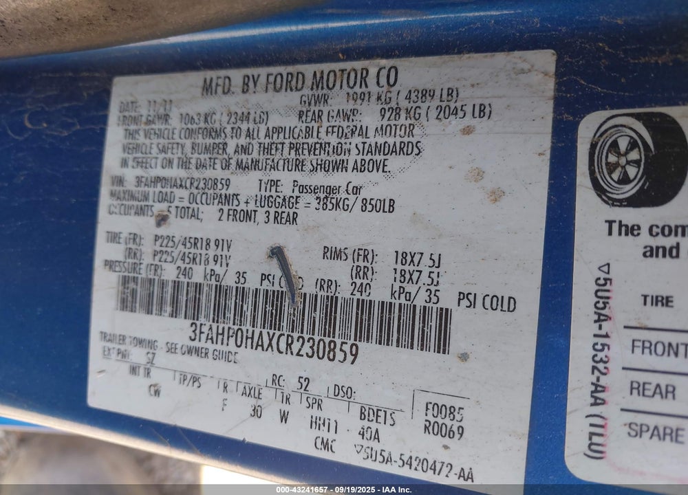 2012 FORD FUSION VIN: 3FAHP0HAXCR230859