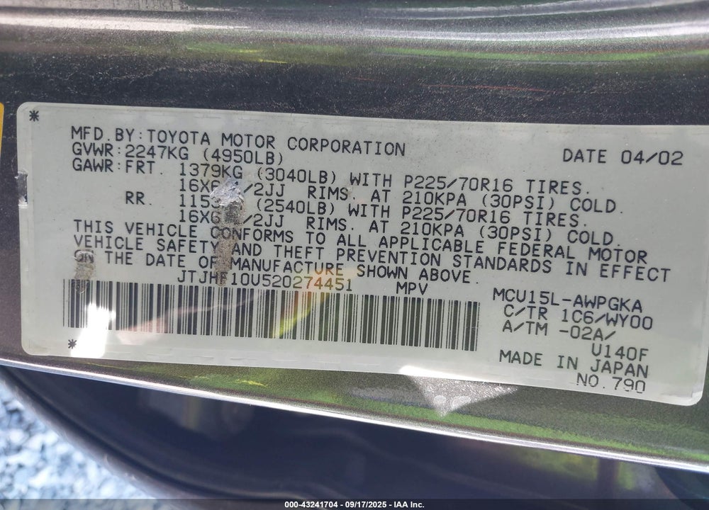 2002 LEXUS RX 300 VIN: JTJHF10U520274451