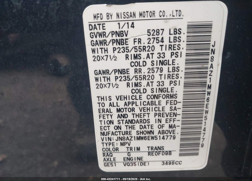 2014 NISSAN MURANO VIN: JN8AZ1MW6EW514779