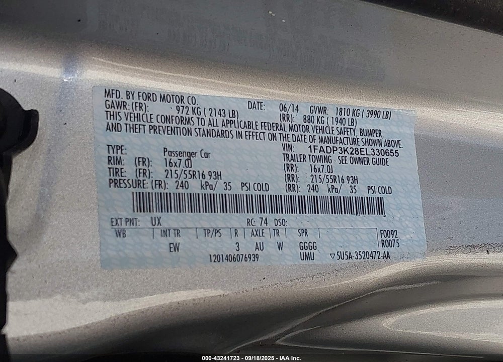 2014 FORD FOCUS VIN: 1FADP3K28EL330655