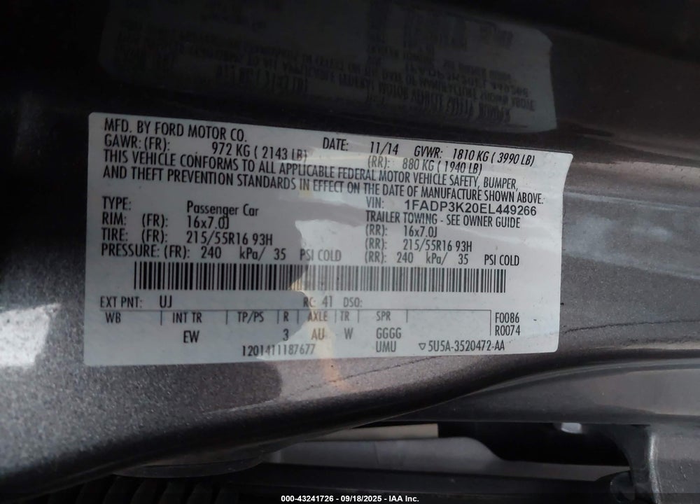 2014 FORD FOCUS VIN: 1FADP3K20EL449266