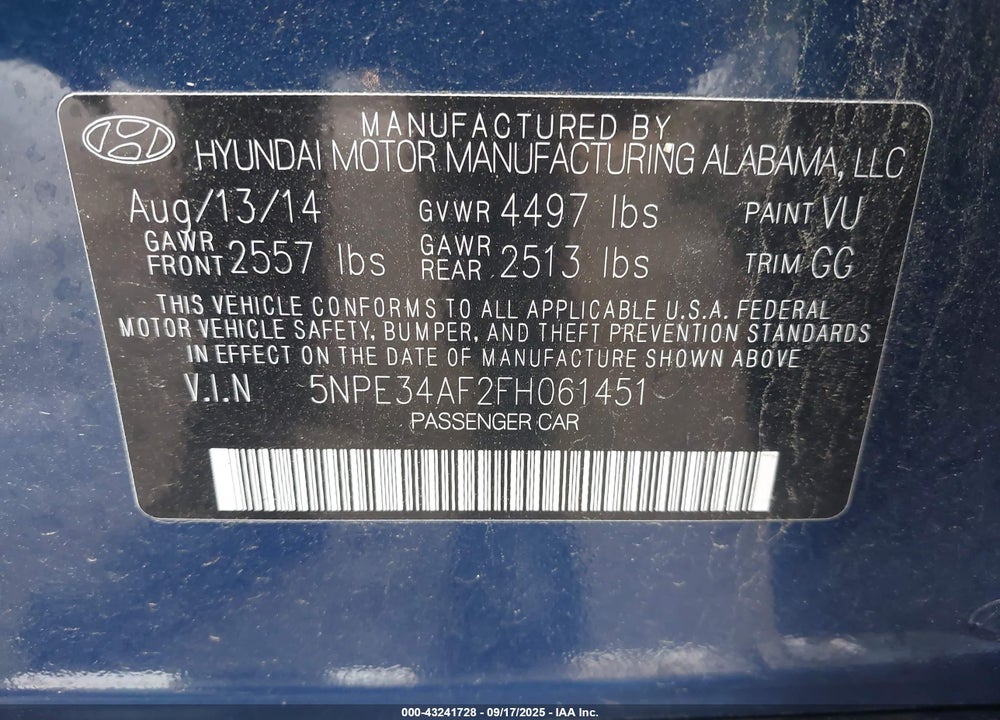 2015 HYUNDAI SONATA VIN: 5NPE34AF2FH061451