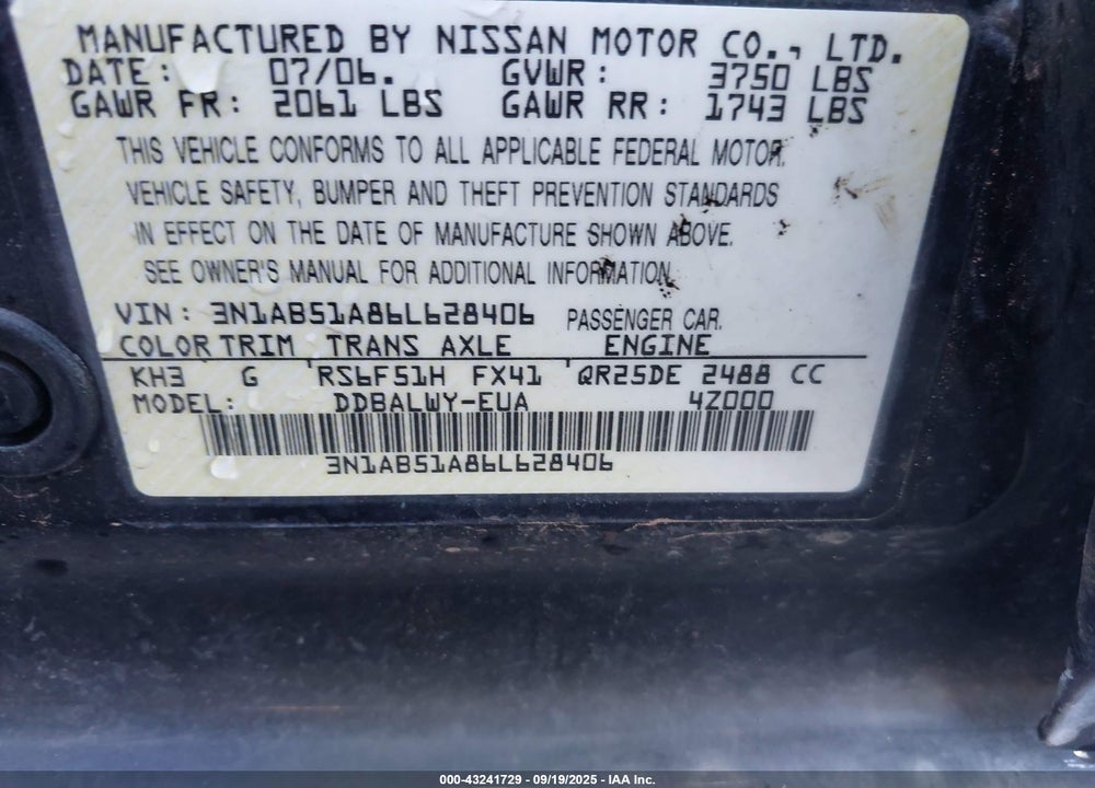 2006 NISSAN SENTRA SE-R SPEC V VIN: 3N1AB51A86L628406