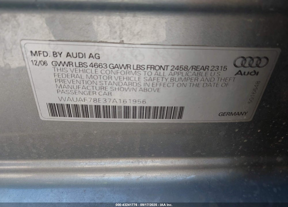 2007 AUDI A4 2.0T VIN: WAUAF78E37A161956