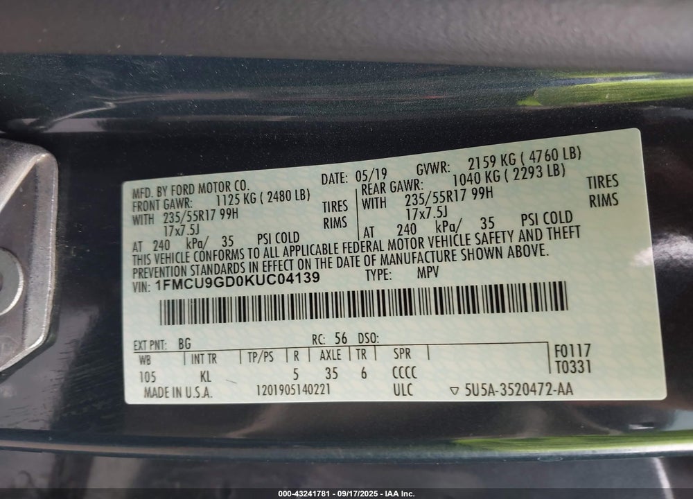 2019 FORD ESCAPE VIN: 1FMCU9GD0KUC04139